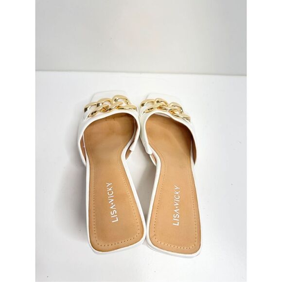 Lisa Vicky Sandals Womens Size 9.5 White Leather Open Toe Heels With Chain - Picture 7 of 9